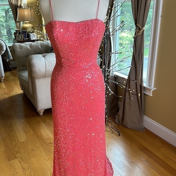 Jovani Pink Beaded Silk Gown with Train 10 - Picture 11 of 17